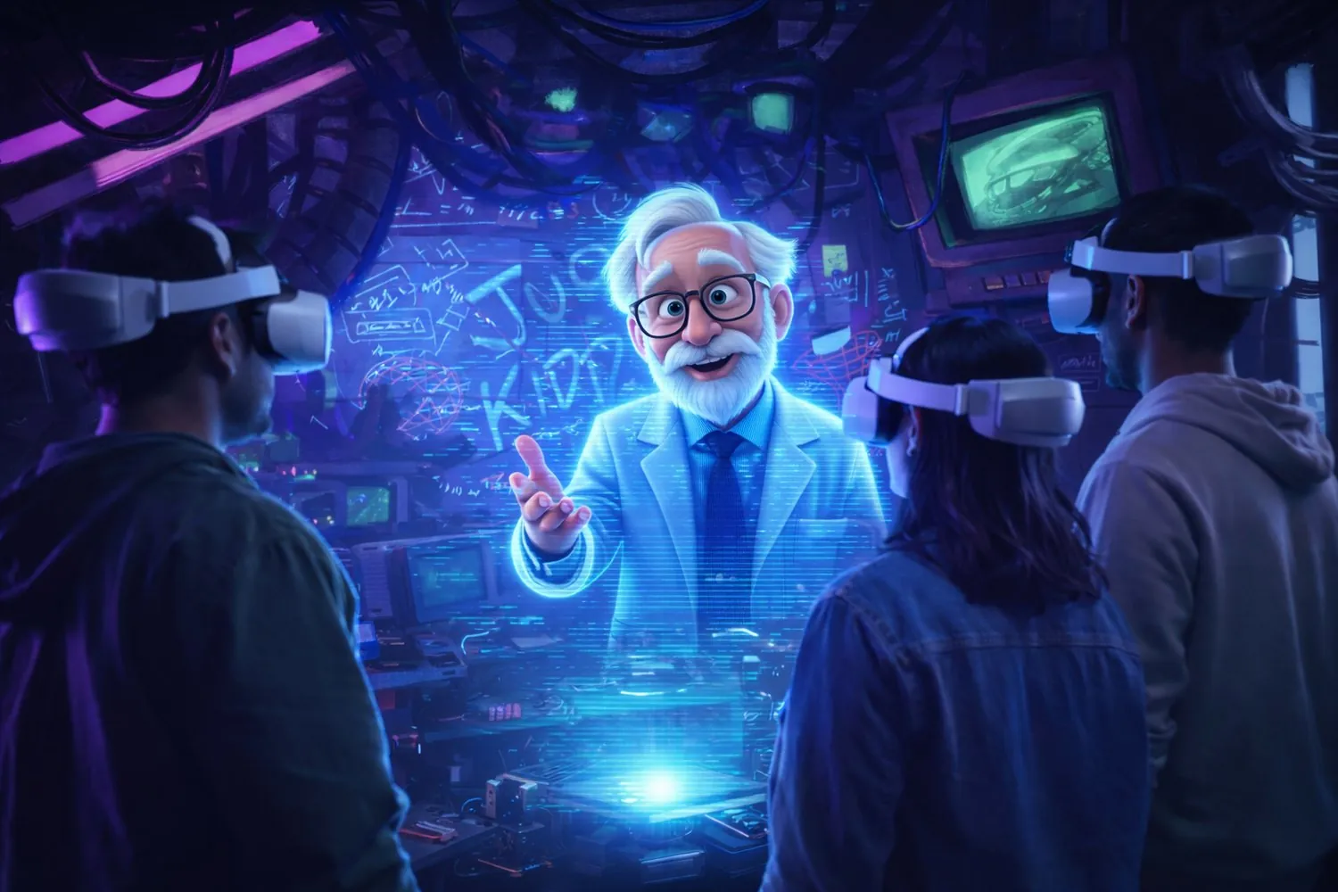 Visitors facing a virtual character
