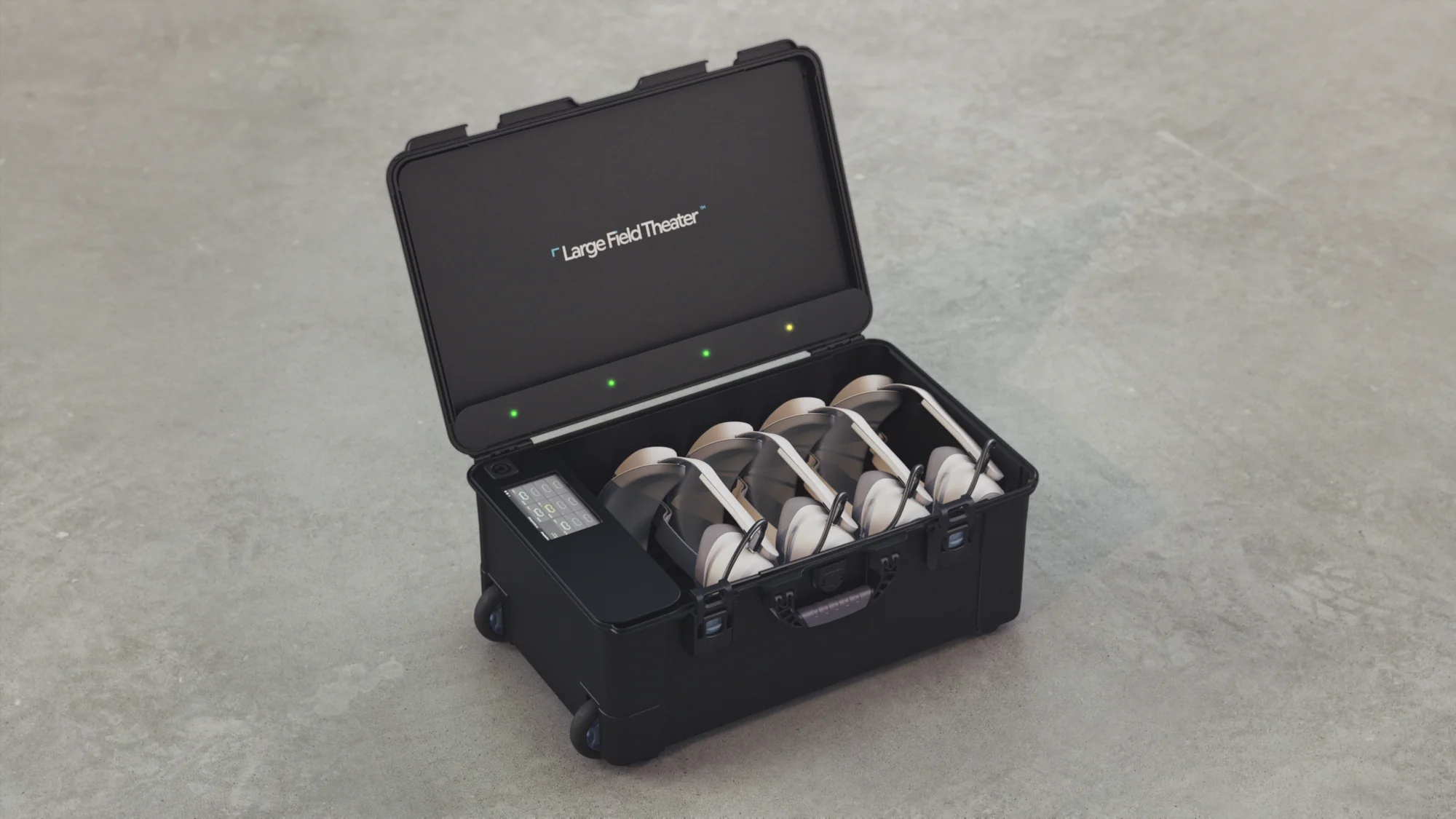 LFT Mini Device Case open, with four headsets charging