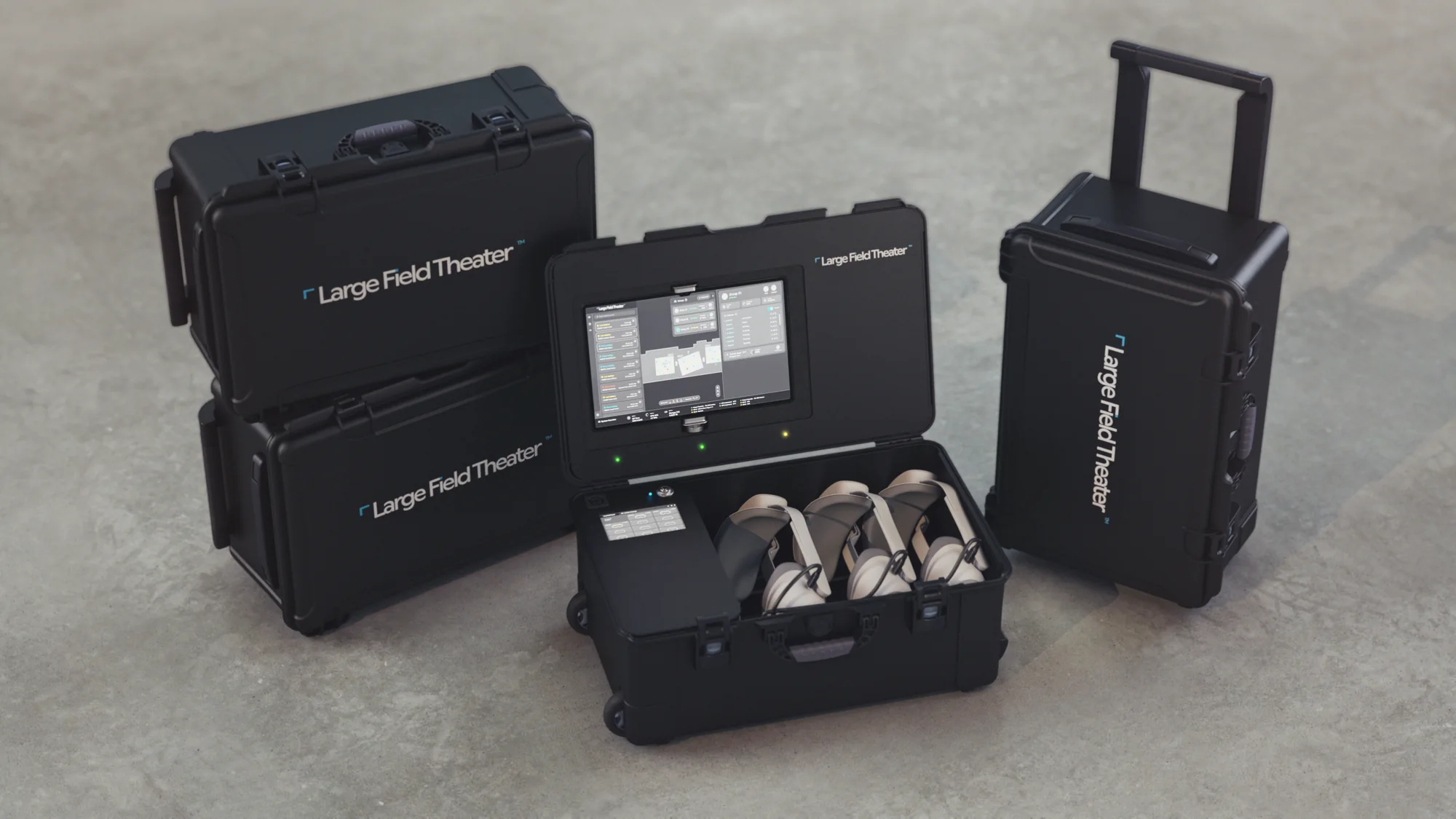 The complete LFT Mini kit: Server Case open, Device Cases and trolley