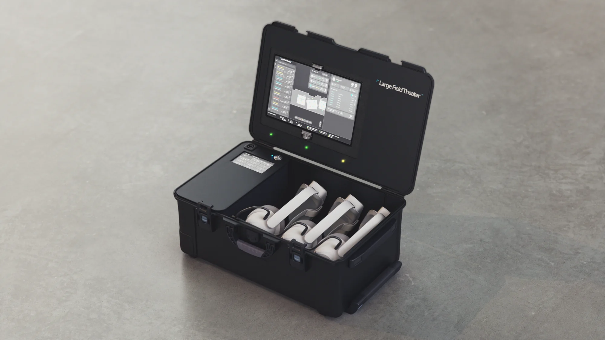 LFT Mini Server Case open, with its control screen and three headsets