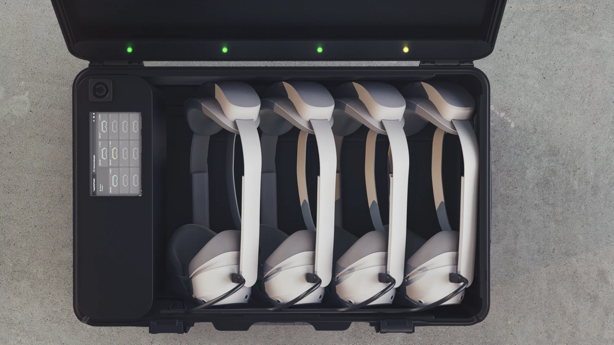 Top view of the headsets in their slots